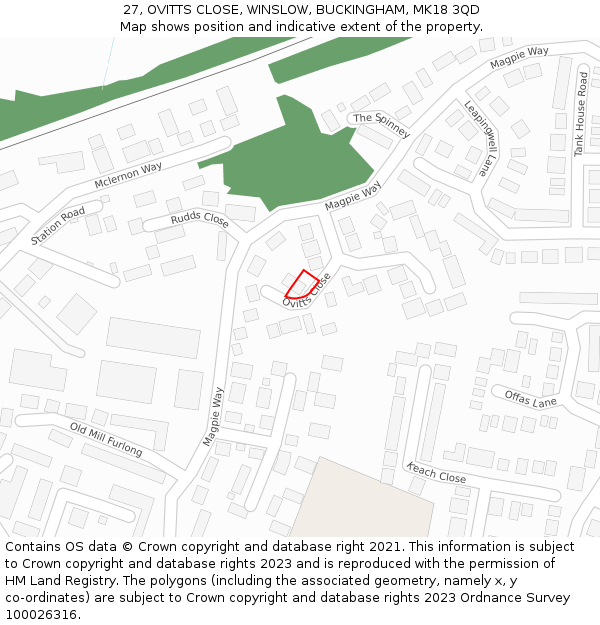 27, OVITTS CLOSE, WINSLOW, BUCKINGHAM, MK18 3QD: Location map and indicative extent of plot