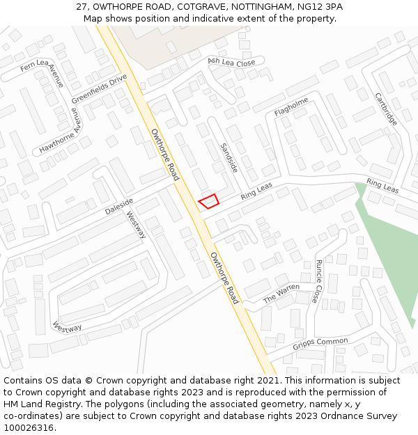 27, OWTHORPE ROAD, COTGRAVE, NOTTINGHAM, NG12 3PA: Location map and indicative extent of plot