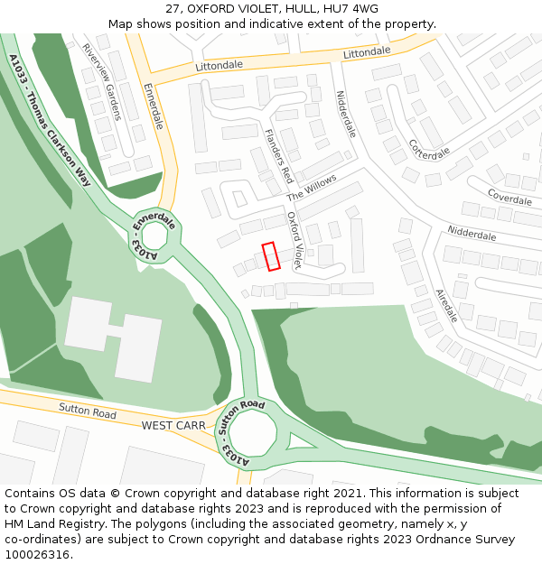 27, OXFORD VIOLET, HULL, HU7 4WG: Location map and indicative extent of plot