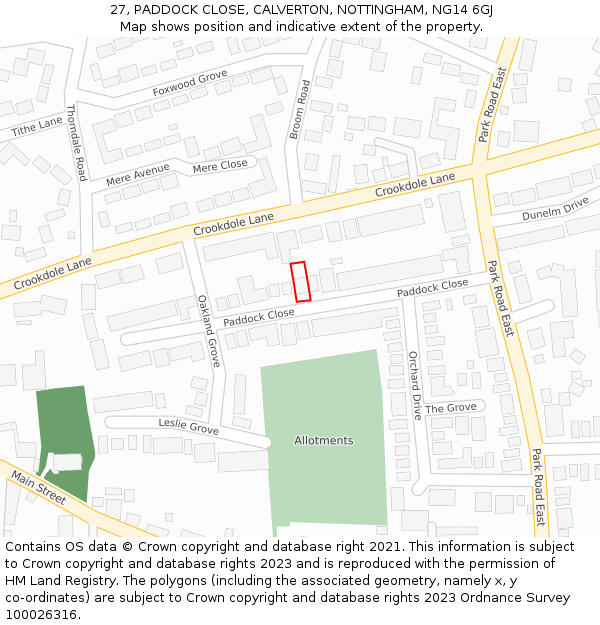 27, PADDOCK CLOSE, CALVERTON, NOTTINGHAM, NG14 6GJ: Location map and indicative extent of plot