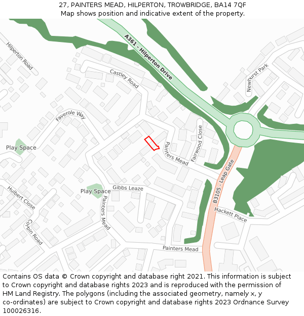 27, PAINTERS MEAD, HILPERTON, TROWBRIDGE, BA14 7QF: Location map and indicative extent of plot