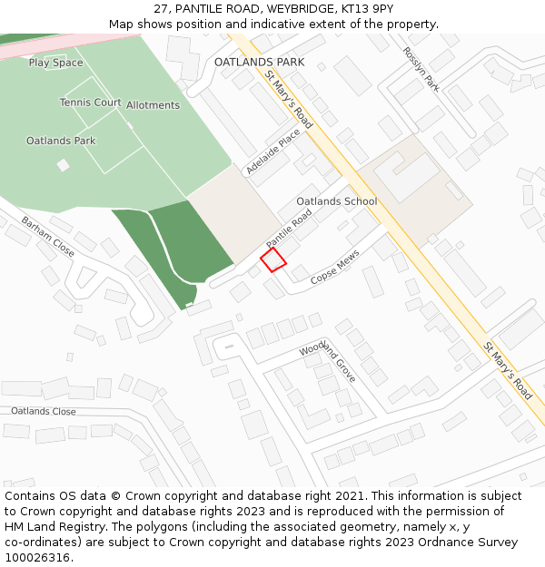 27, PANTILE ROAD, WEYBRIDGE, KT13 9PY: Location map and indicative extent of plot