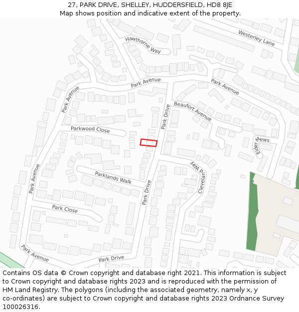 27, PARK DRIVE, SHELLEY, HUDDERSFIELD, HD8 8JE: Location map and indicative extent of plot