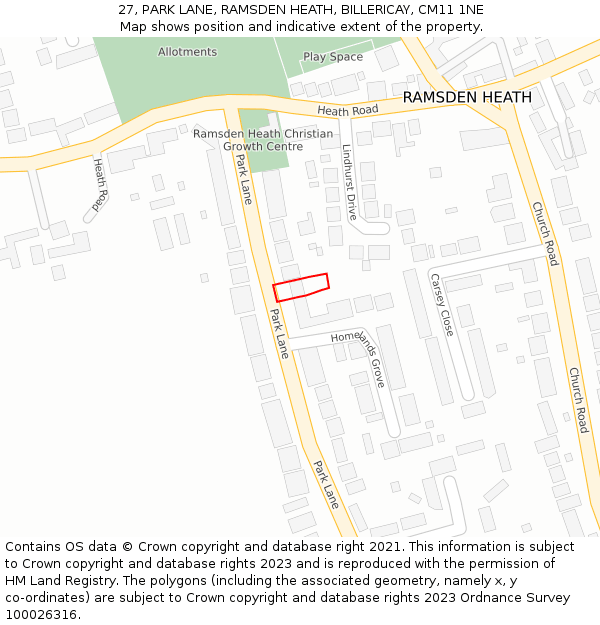 27, PARK LANE, RAMSDEN HEATH, BILLERICAY, CM11 1NE: Location map and indicative extent of plot