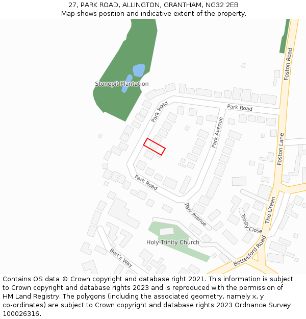 27, PARK ROAD, ALLINGTON, GRANTHAM, NG32 2EB: Location map and indicative extent of plot