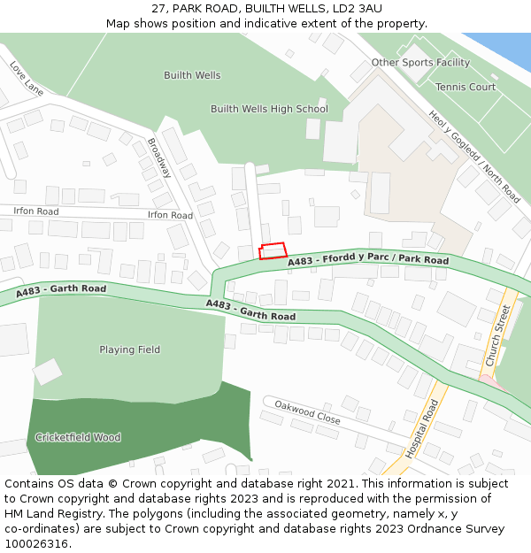 27, PARK ROAD, BUILTH WELLS, LD2 3AU: Location map and indicative extent of plot