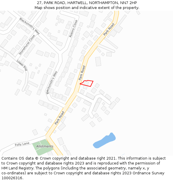 27, PARK ROAD, HARTWELL, NORTHAMPTON, NN7 2HP: Location map and indicative extent of plot