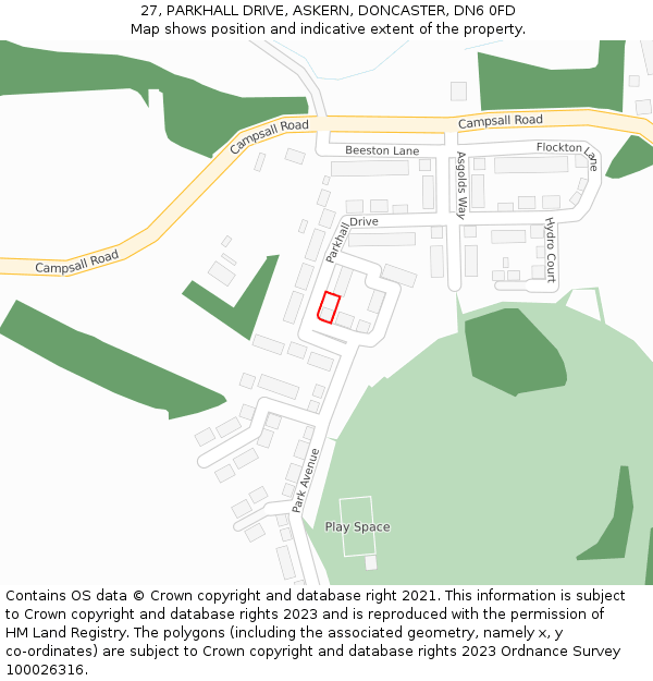 27, PARKHALL DRIVE, ASKERN, DONCASTER, DN6 0FD: Location map and indicative extent of plot