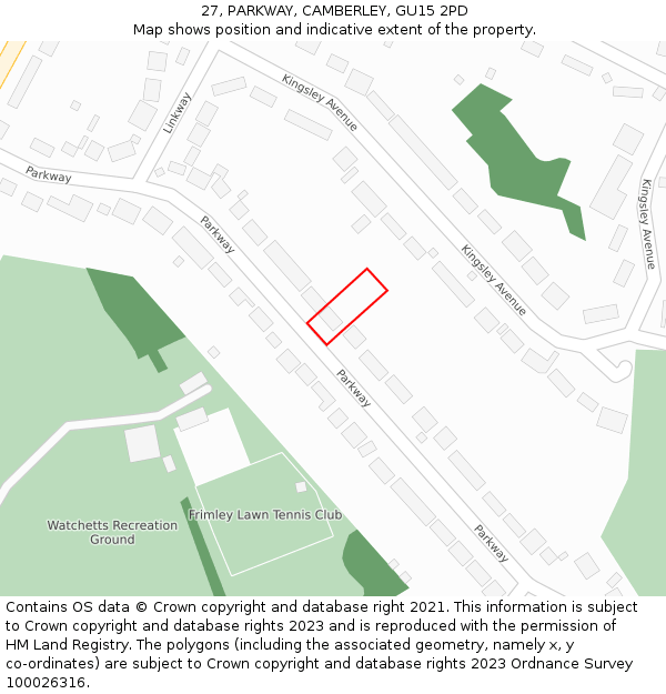 27, PARKWAY, CAMBERLEY, GU15 2PD: Location map and indicative extent of plot