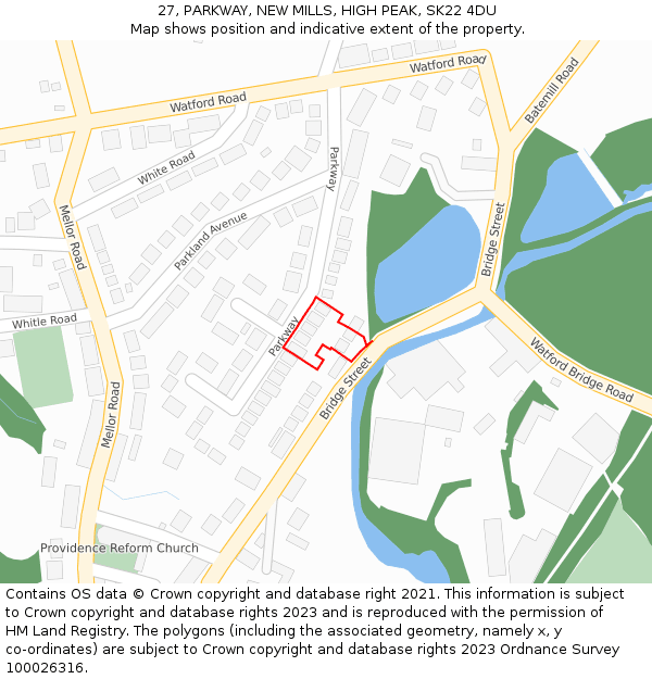 27, PARKWAY, NEW MILLS, HIGH PEAK, SK22 4DU: Location map and indicative extent of plot