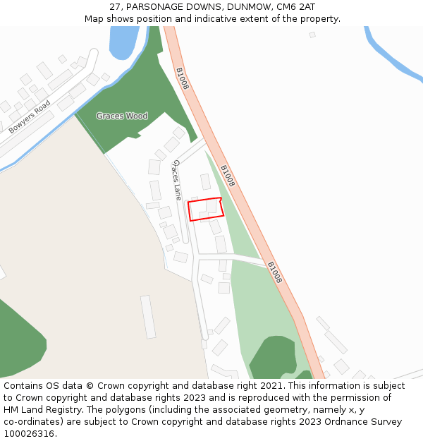 27, PARSONAGE DOWNS, DUNMOW, CM6 2AT: Location map and indicative extent of plot
