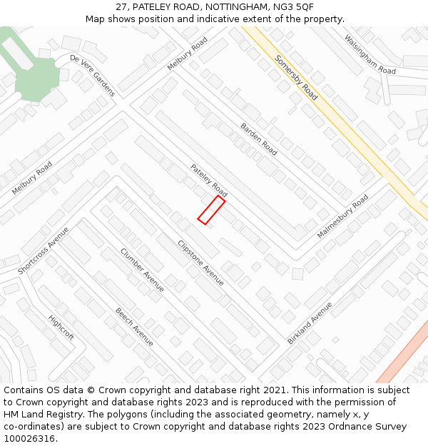 27, PATELEY ROAD, NOTTINGHAM, NG3 5QF: Location map and indicative extent of plot