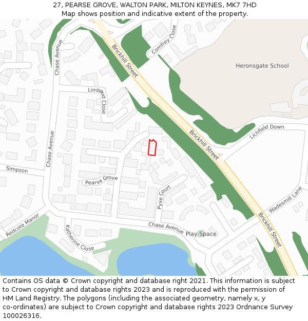 27, PEARSE GROVE, WALTON PARK, MILTON KEYNES, MK7 7HD: Location map and indicative extent of plot