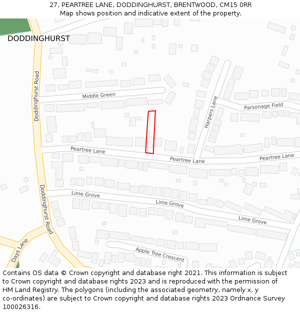 27, PEARTREE LANE, DODDINGHURST, BRENTWOOD, CM15 0RR: Location map and indicative extent of plot