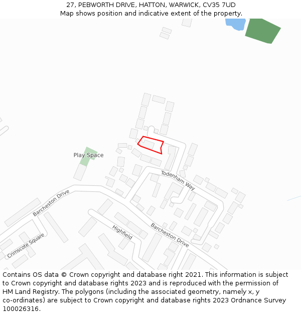 27, PEBWORTH DRIVE, HATTON, WARWICK, CV35 7UD: Location map and indicative extent of plot