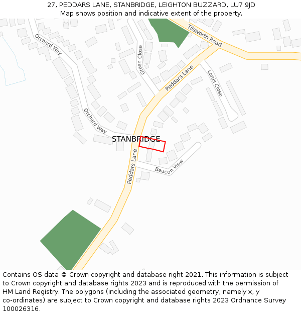 27, PEDDARS LANE, STANBRIDGE, LEIGHTON BUZZARD, LU7 9JD: Location map and indicative extent of plot