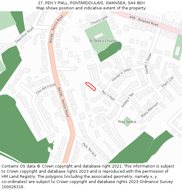 27, PEN Y PWLL, PONTARDDULAIS, SWANSEA, SA4 8EH: Location map and indicative extent of plot