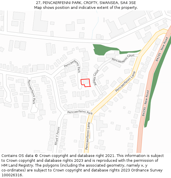 27, PENCAERFENNI PARK, CROFTY, SWANSEA, SA4 3SE: Location map and indicative extent of plot