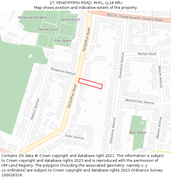 27, PENDYFFRYN ROAD, RHYL, LL18 4RU: Location map and indicative extent of plot