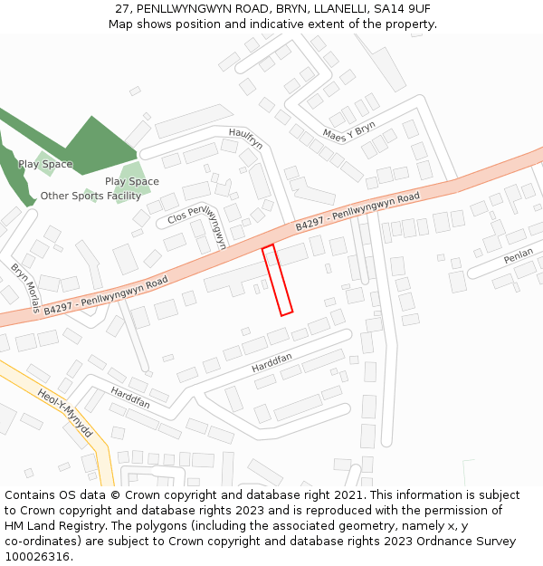 27, PENLLWYNGWYN ROAD, BRYN, LLANELLI, SA14 9UF: Location map and indicative extent of plot