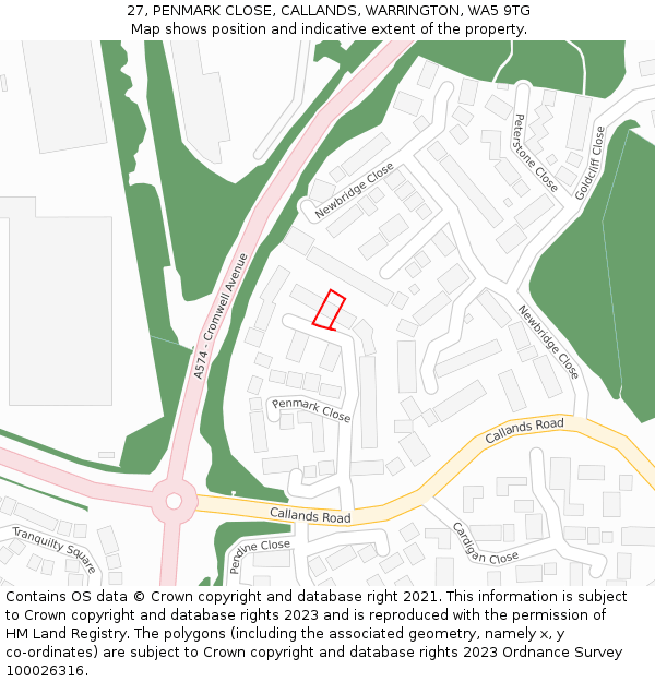 27, PENMARK CLOSE, CALLANDS, WARRINGTON, WA5 9TG: Location map and indicative extent of plot