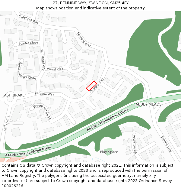 27, PENNINE WAY, SWINDON, SN25 4FY: Location map and indicative extent of plot