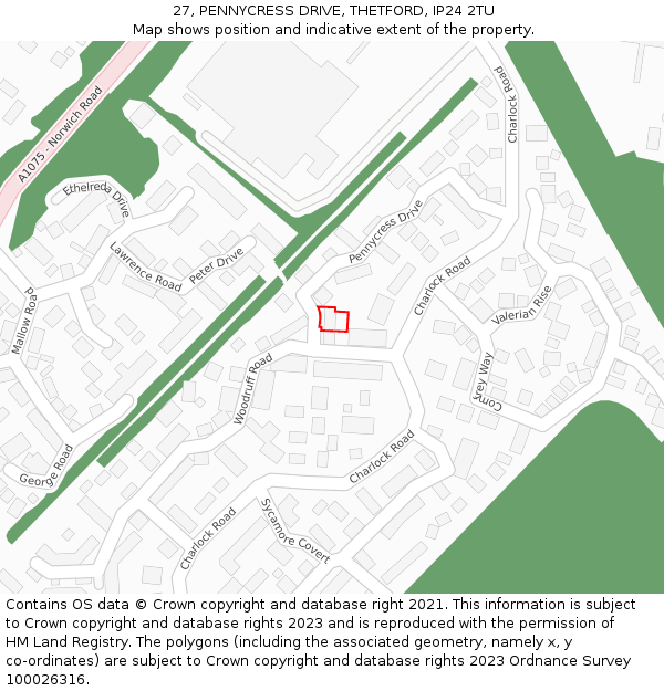 27, PENNYCRESS DRIVE, THETFORD, IP24 2TU: Location map and indicative extent of plot