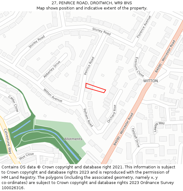 27, PENRICE ROAD, DROITWICH, WR9 8NS: Location map and indicative extent of plot