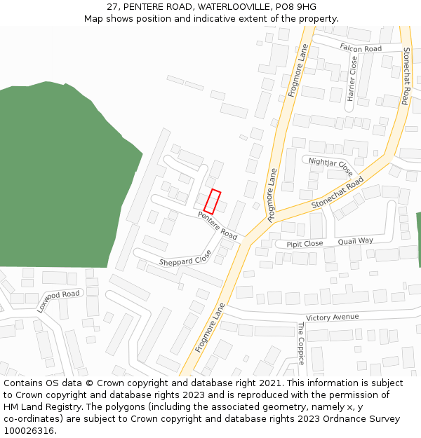 27, PENTERE ROAD, WATERLOOVILLE, PO8 9HG: Location map and indicative extent of plot