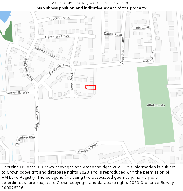 27, PEONY GROVE, WORTHING, BN13 3GF: Location map and indicative extent of plot
