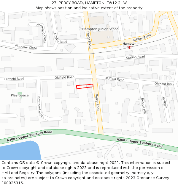 27, PERCY ROAD, HAMPTON, TW12 2HW: Location map and indicative extent of plot