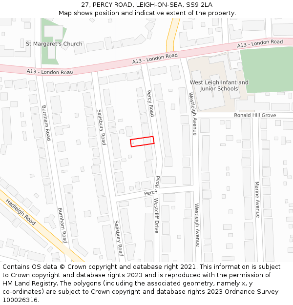 27, PERCY ROAD, LEIGH-ON-SEA, SS9 2LA: Location map and indicative extent of plot