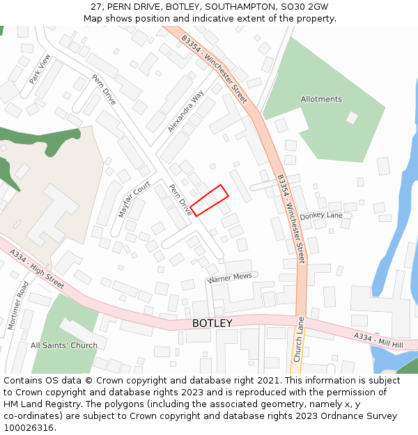 27, PERN DRIVE, BOTLEY, SOUTHAMPTON, SO30 2GW: Location map and indicative extent of plot