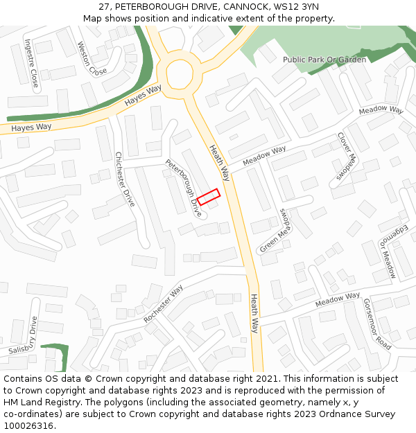 27, PETERBOROUGH DRIVE, CANNOCK, WS12 3YN: Location map and indicative extent of plot