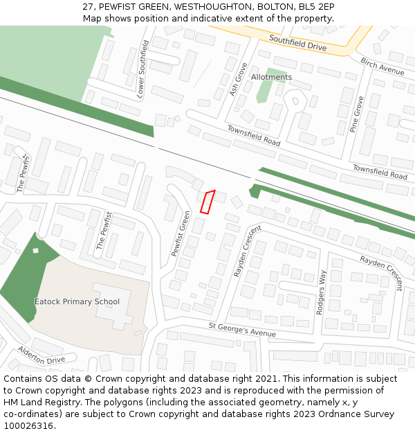 27, PEWFIST GREEN, WESTHOUGHTON, BOLTON, BL5 2EP: Location map and indicative extent of plot