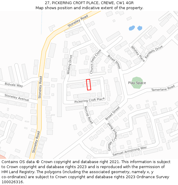 27, PICKERING CROFT PLACE, CREWE, CW1 4GR: Location map and indicative extent of plot