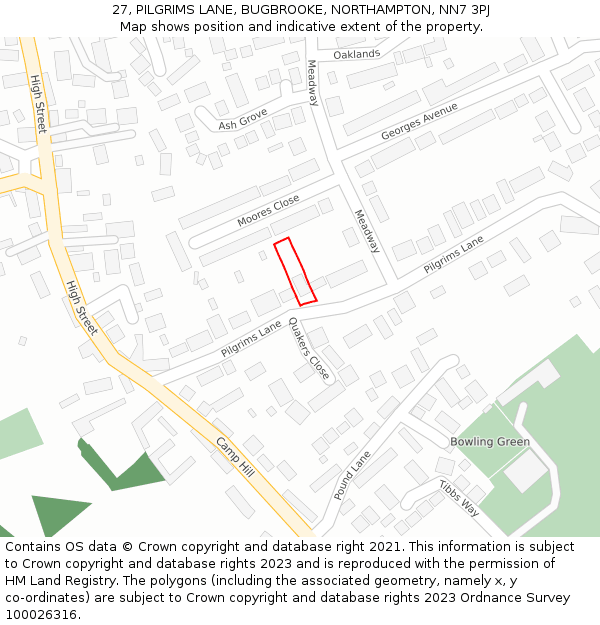 27, PILGRIMS LANE, BUGBROOKE, NORTHAMPTON, NN7 3PJ: Location map and indicative extent of plot