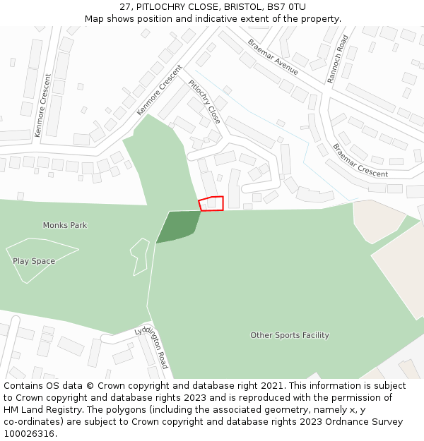 27, PITLOCHRY CLOSE, BRISTOL, BS7 0TU: Location map and indicative extent of plot