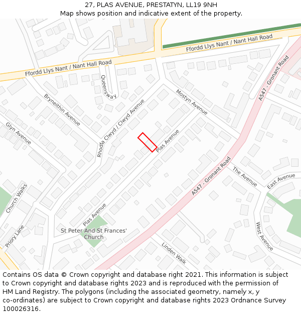 27, PLAS AVENUE, PRESTATYN, LL19 9NH: Location map and indicative extent of plot