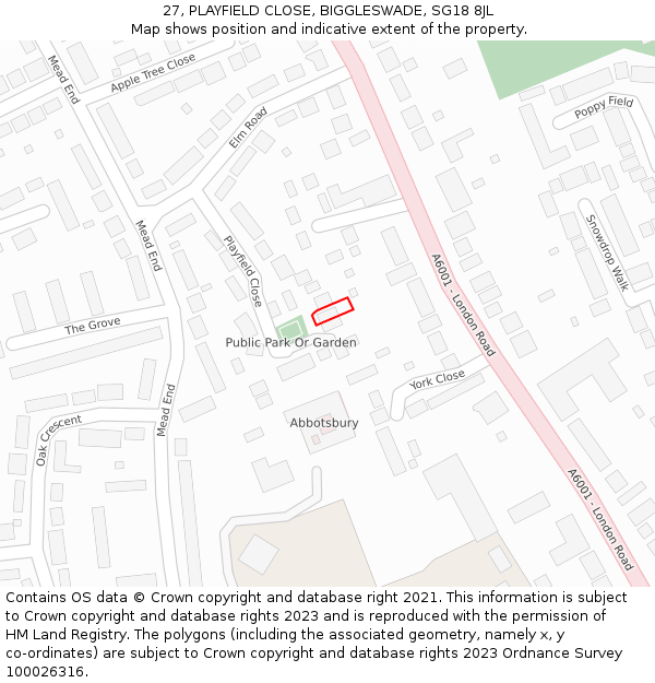 27, PLAYFIELD CLOSE, BIGGLESWADE, SG18 8JL: Location map and indicative extent of plot