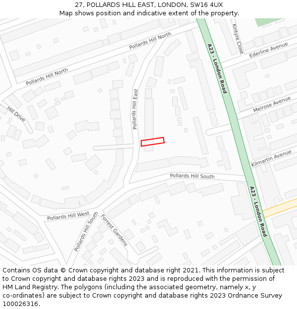 27, POLLARDS HILL EAST, LONDON, SW16 4UX: Location map and indicative extent of plot
