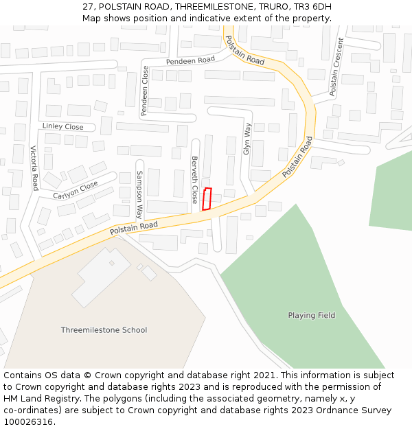 27, POLSTAIN ROAD, THREEMILESTONE, TRURO, TR3 6DH: Location map and indicative extent of plot