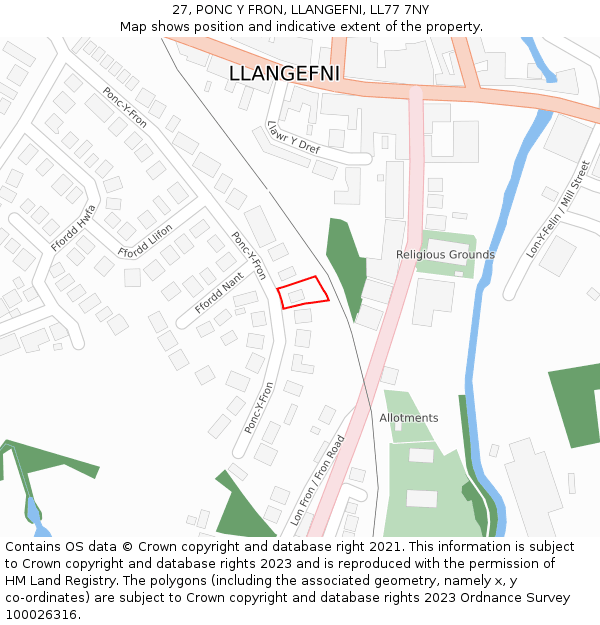 27, PONC Y FRON, LLANGEFNI, LL77 7NY: Location map and indicative extent of plot