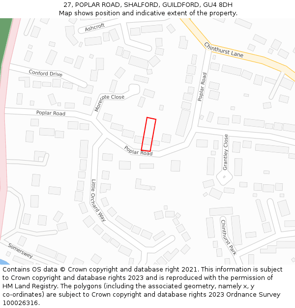 27, POPLAR ROAD, SHALFORD, GUILDFORD, GU4 8DH: Location map and indicative extent of plot