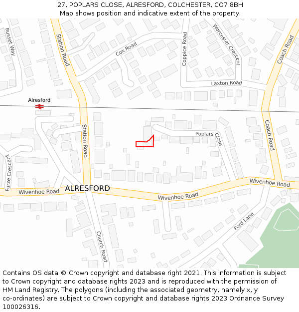 27, POPLARS CLOSE, ALRESFORD, COLCHESTER, CO7 8BH: Location map and indicative extent of plot