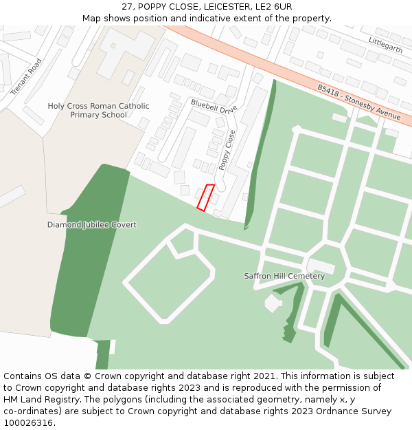 27, POPPY CLOSE, LEICESTER, LE2 6UR: Location map and indicative extent of plot