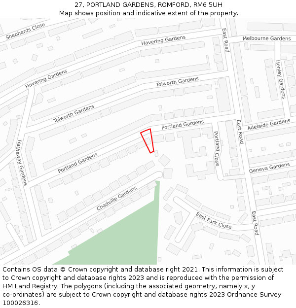 27, PORTLAND GARDENS, ROMFORD, RM6 5UH: Location map and indicative extent of plot