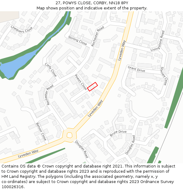 27, POWYS CLOSE, CORBY, NN18 8PY: Location map and indicative extent of plot