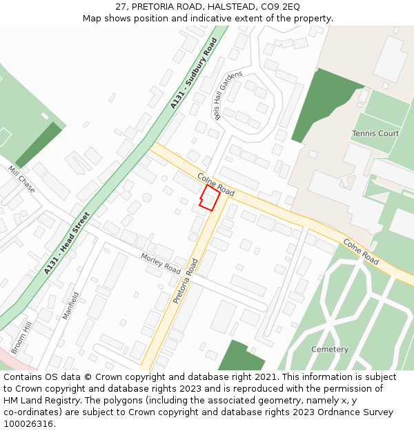 27, PRETORIA ROAD, HALSTEAD, CO9 2EQ: Location map and indicative extent of plot