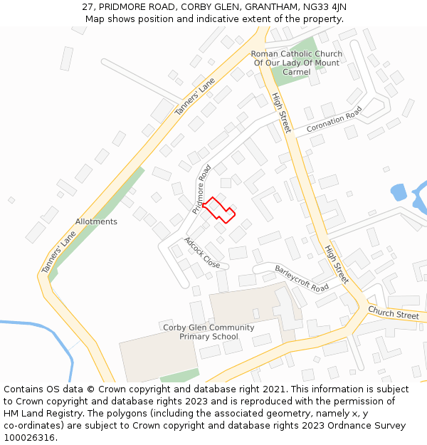 27, PRIDMORE ROAD, CORBY GLEN, GRANTHAM, NG33 4JN: Location map and indicative extent of plot